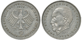 ФРГ 2 марки 1974 J, Конрад Аденауэр KM 124, J. 406 медно-никель плакированный никелем UNC 4681-1055