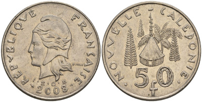 Французская Новая Каледония 50 франков 2008 хижина среди сосен и пальм, (IEOM) KM 13a, Schoen 15a, Lec 128i медно-никель 4111-441