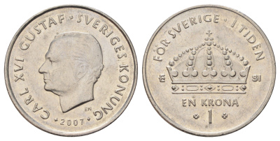 Швеция 1 крона 2007 Карл XVI Густав (1973-) KM 894 медно-никель 4671-422