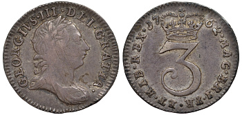 Великобритания 3 пенса 1762 Георг III (1760-1820) KM 591, Spink 3753 серебро 00-822-40