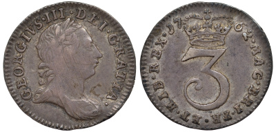Великобритания 3 пенса 1762 Георг III (1760-1820) KM 591, Spink 3753 серебро 00-822-40