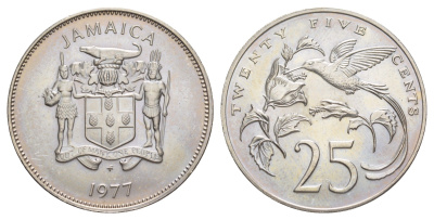 Ямайка 25 центов 1977 FM, тираж 1.709 экземпляра KM 56 медно-никель BU 1529-441
