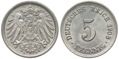 Германия 5 пфеннигов 1908 A KM 11, Jager 12, Weege 6 медно-никель UNC 71-1048