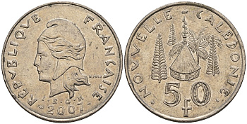 Французская Новая Каледония 50 франков 2007 хижина среди сосен и пальм, (IEOM) KM 13a, Schoen 15a, Lec 128i медно-никель 4144-835