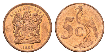ЮАР 5 центов 1998 герб, райский журавль KM 160 сталь плакированная медью UNC 4687-223