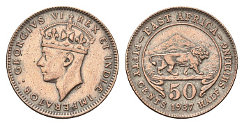 Британская Восточная Африка 50 центов 1937 Георг VI (1936-1952) KM 27 серебро 220-815