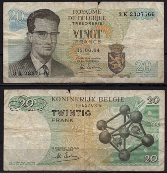 Бельгия 20 франков 1964 Бодуэн I; Атомиум, Брюссель Pick 138 (2) бумага 7548-112-3-1