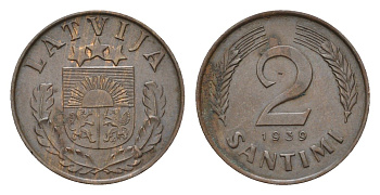 Латвия 2 сантима 1939 KM 11.2 бронза 4679-257