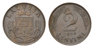 Латвия 2 сантима 1939 KM 11.2 бронза 4679-257