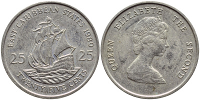 Восточно-Карибские штаты 25 центов 1989 Елизавета II (1952-2022), парусник KM 14 медно-никель 85-1116