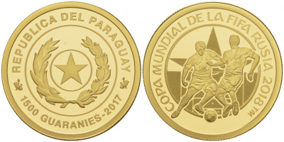 Парагвай 1500 гуарани 2017 Чемпионат мира по футболу в России KM NEW золото PROOF 00-000-00