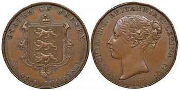 Джерси 1/13 шиллинга 1851 Виктория (1837-1901), большой формат KM 3 медь aUNC 00-806-03
