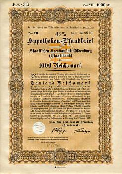 Германия 1000 рейхсмарок 1937 Государственное кредитное учреждение Ольденбурга (Государственный банк), ипотечный залог под залог 4-1/2%, облигация   бумага  8801-78-1