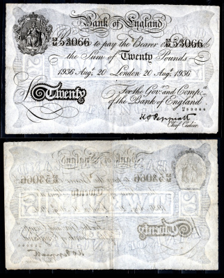 Англия 20 фунтов 1936 Лондон, 20 августа, Операция "Бернхард", фальшивка в ущерб денежному обращению Pick 337 a  бумага   451-1263-2