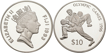 Фиджи 10 долларов 1993 Олимпийские игры 1996 года в Атланте, борьба KM 67 серебро PROOF 02-115-45