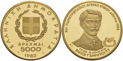 Греция 5000 драхм 1982 Пьер де Кубертен KM 143 золото 00-000-00