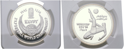 Египет 5 фунтов 1994 15 Чемпионат мира по футболу в США, удар через себя, в слабе NGC PF 69 ULTRA CAMEO KM 738 серебро  PROOF  00-000-00