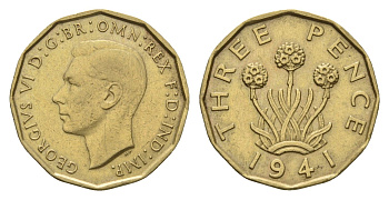 Великобритания 3 пенса 1941 Георг VI (1936-1952) KM 849, Spink 4112 никель латунь 4121-452