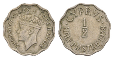 Кипр 1/2 пиастра 1938 Георг VI (1936-1952), год-тип KM 22 медно-никель 4127-1241