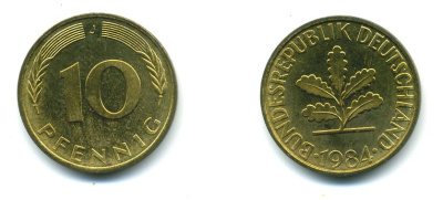 ФРГ 10 ПФЕННИГОВ 1984 J KM 108, J.383 сталь плакированная латунью 46-1442