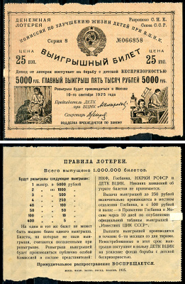 СССР 25 копеек 1925 Комиссия по улучшению жизни детей при В.Ц.И.К. Разрешено С.Н.К. Союза С.С.Р. Выигрышный билет бумага   439-79-1-2