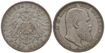 Вюртемберг 5 марок 1902 F, Вильгельм II (1891-1918) Weege 172, J. 176, KM 632 серебро 00-1067-1-42