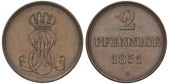 Ганновер 2 пфеннига 1851 B, Эрнст Август (1837-1851) KM 202.1, AKS 124, J. 75 медь 4681-1022