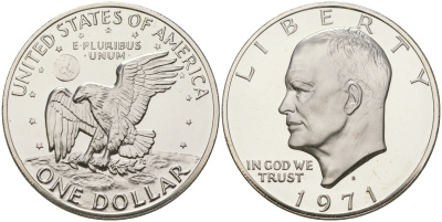 США 1 доллар 1971 S, Президент Эйзенхауэр, лунный орел KM 203a серебро  PROOF 1095-7-63