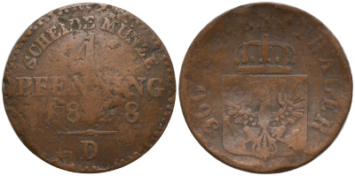 Пруссия 1 пфенниг 1848 D, Фридрих Вильгельм IV (1840-1861) KM 451 медь 4549-515