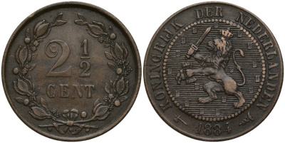 НИДЕРЛАНДЫ 2 1/2 ЦЕНТА 1884 ВИЛЬГЕЛЬМ III (1849-1890) KM 108 бронза 27-335