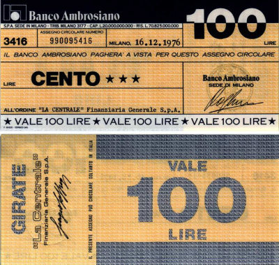 Италия 100 лир 1976 16 декабря 1976, Banco Ambrosiano, Milano бумага UNC (пресс) 7183-51-1-2