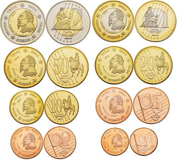 Швеция набор из 8 монет 2004 PROBE, ESSAI, европробники большого формата, в капсулах, Карл XVI Густав (1973- ) биметалл PROOF 5-4-1-96