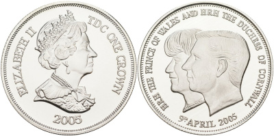 Тристан-да-Кунья 1 крона 2005 9 апреля 2005, свадьба принца Чарльза и Камиллы KM 41а серебро PROOF 1069-3-14