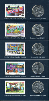 США набор из 5 монет квотеров + 5 марок 2000 в оригинальном буклете с описанием, запайка, Массачусетс, Мэриленд, Южная Каролина, Нью-Гемпшир, Вирджиния медь плакированная медно-никелем UNC 7-5-6-19