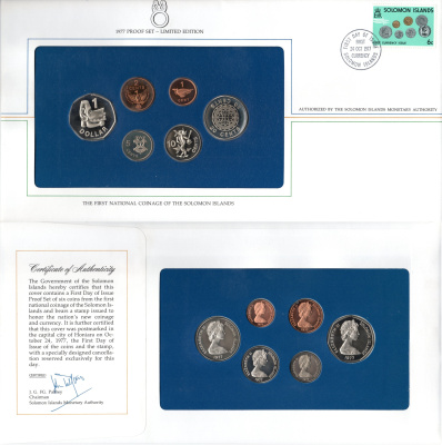 Соломоновы Острова набор "первый день выпуска" 1977 в комплект входит полный выпуск выходящих монет и банкнот в даном году - 7 монет (1, 2, 5, 10 и 20 центов; 1 и 5 долларов) и 3 банкноты (2, 5 и 10 долларов). 8-2-04-39