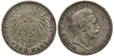 Пруссия 5 марок 1899 Вильгельм II (1888-1918) KM 523, J.104 серебро    413-2621
