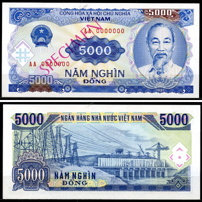 Вьетнам 5000 донгов 1991 образец, Specimen (Tienmau), Хо Ши Мин, ГЭС Pick 108 s  бумага  UNC (пресс) 451-967-1