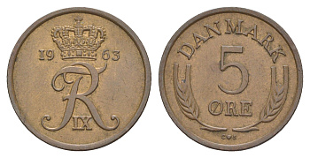 Дания 5 эре 1963 C; S, Фредерик IX (1947-1972) KM 848.1 бронза 4650-254