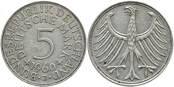 ФРГ 5 марок 1960 J KM 112.1, J. 387 серебро 413-6811