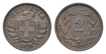 Швейцария 2 раппена 1928 B KM 4 бронза 5010-1842