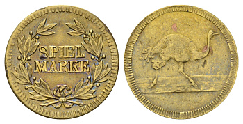 Германия игровой жетон с изображением цапли XIX век диаметр 19 мм, вес 0,7 гр латунь 4679-1018