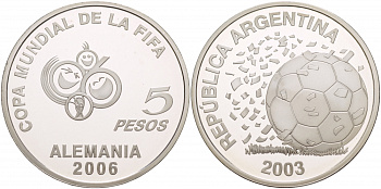 Аргентина 5 песо 2003 FIFA, XVIII Чемпионат мира по футболу в Германии 2006 KM 143 серебро PROOF 1088-6-11
