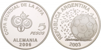 Аргентина 5 песо 2003 FIFA, XVIII Чемпионат мира по футболу в Германии 2006 KM 143 серебро PROOF 1088-6-11