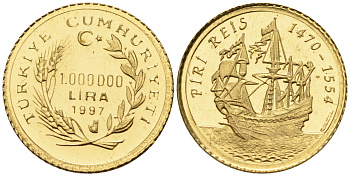 Турция 1000000 лир 1997 парусник PIRI REIS KM золото PROOF 00-000-00