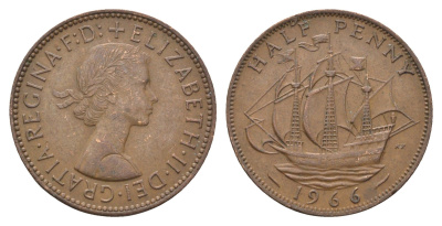 Великобритания 1/2 пенни 1966 Елизавета II (1952-2022) KM 896, Spink 4158 бронза 4663-111