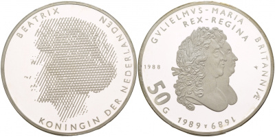 Нидерланды 50 гульденов 1988 300 лет с момента правления Вильяма и Мэри (1689-1989), Королева Беатрикс KM 212 серебро PROOF 00-00