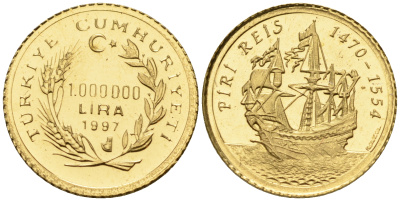 Турция 1000000 лир 1997 парусник PIRI REIS KM золото PROOF 00-000-00