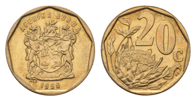 ЮАР 20 центов 1996 герб, цветок протея KM 162 сталь плакированная латунью UNC 4694-848
