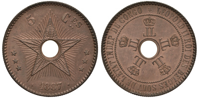 Бельгийское Конго 5 сантимов 1887 LW KM 3 медь 5010-113