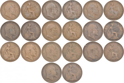 Великобритания лот из 20 монет по 1 пенни 1906 Эдуард VII (1901-1910) бронза M14-15